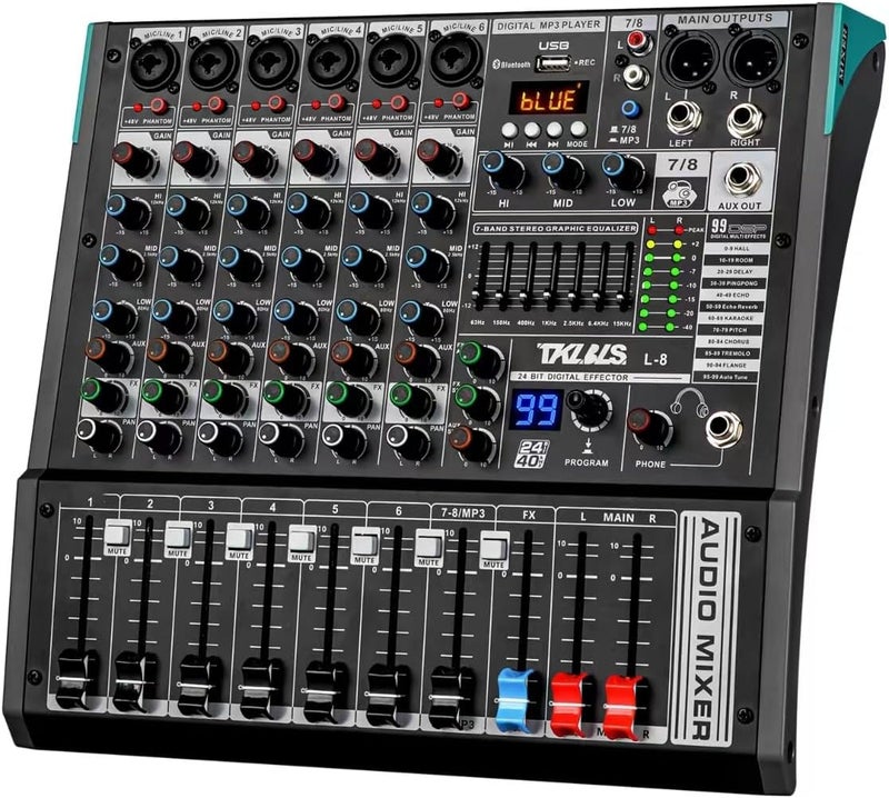 TKLBLS Audio Mixer, Professional 8 Channel DJ Mixer Board with 99-Bit DSP, Sound Board Mixing Console 7-Band EQ Output, USB Audio Interface, Bluetooth 48V Phantom Power For Karaoke Studio Streaming - Image 1